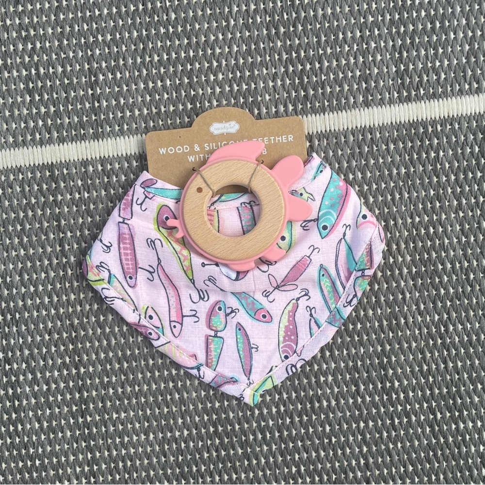 Pink Fishing Lure Muslin Bib and Teether Set - NWT